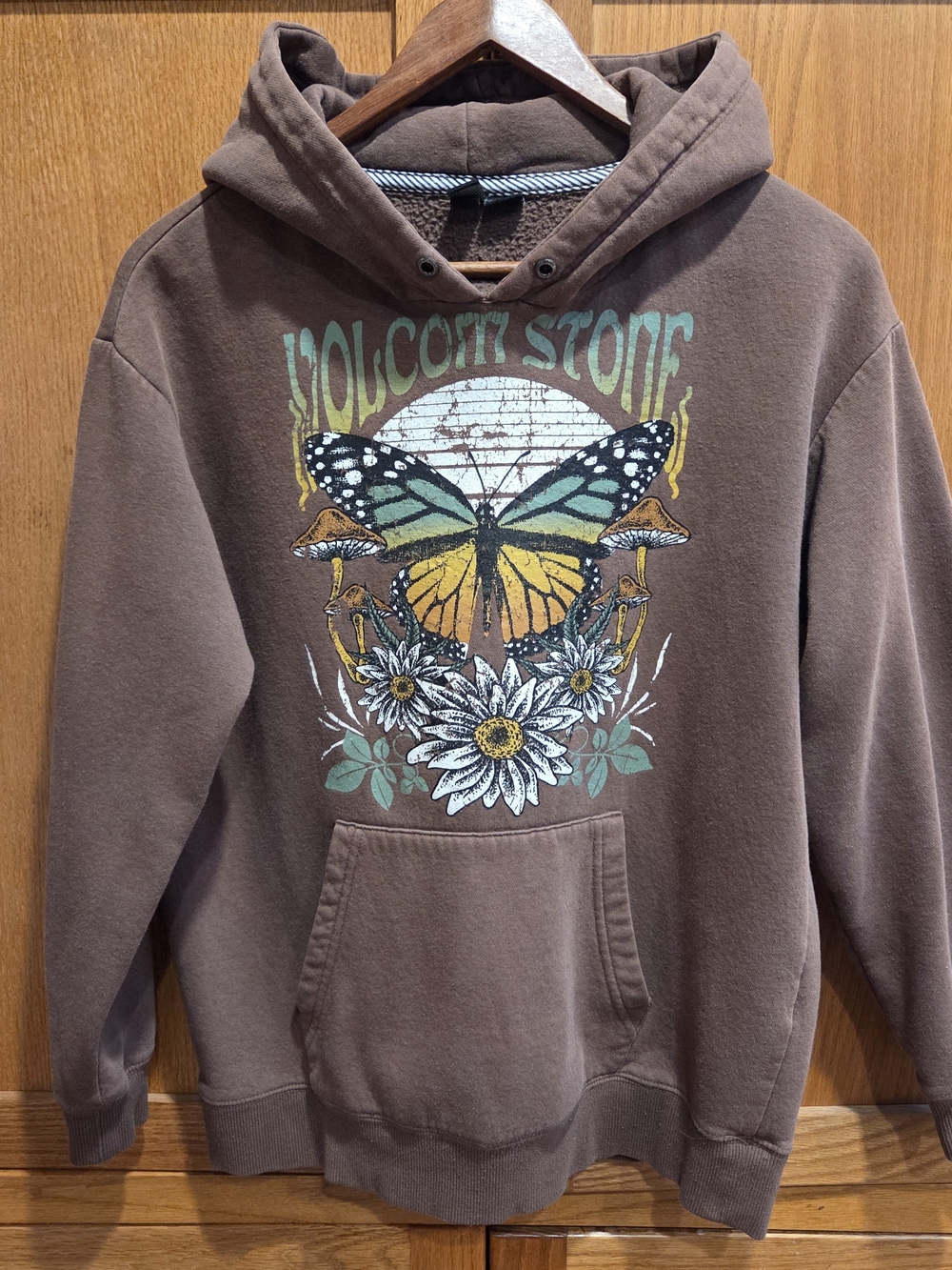 Volcom Stone Chocolate Brown Hoodie with Butterfly, Mushrooms & Flowers XS